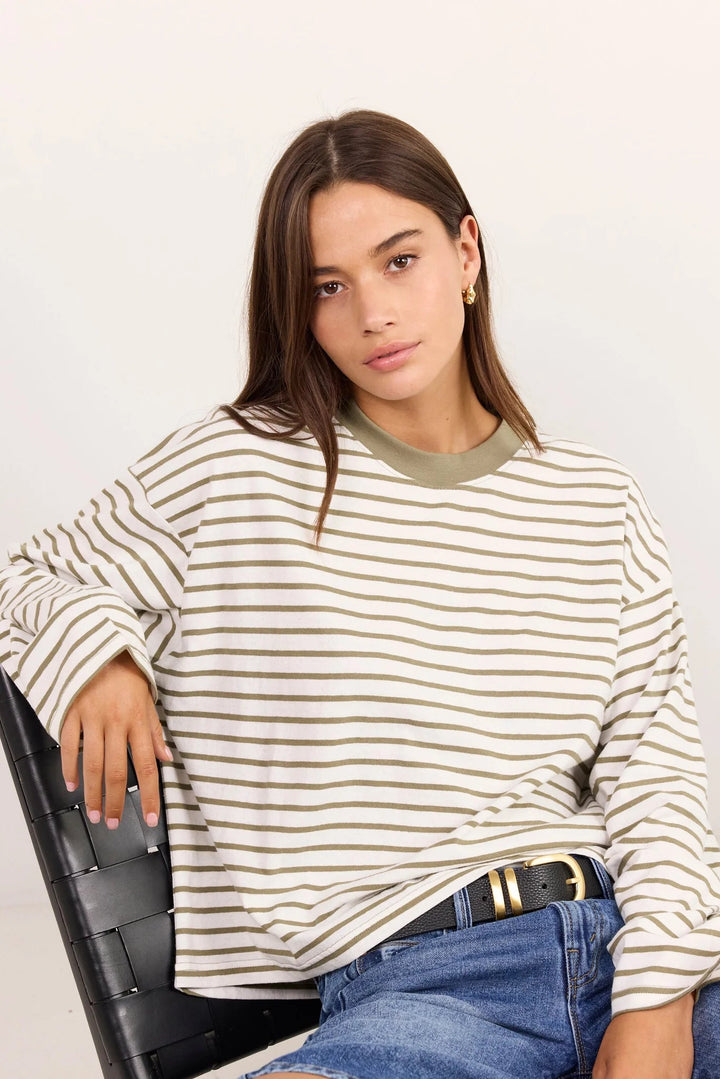 Unite Khaki White Stripe LS Contrast Binding Tee - Chillis & More NZ
