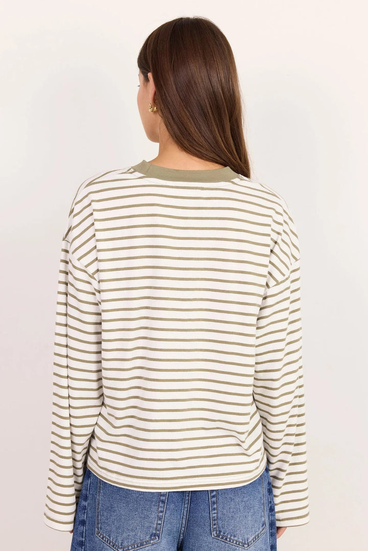 Unite Khaki White Stripe LS Contrast Binding Tee - Chillis & More NZ