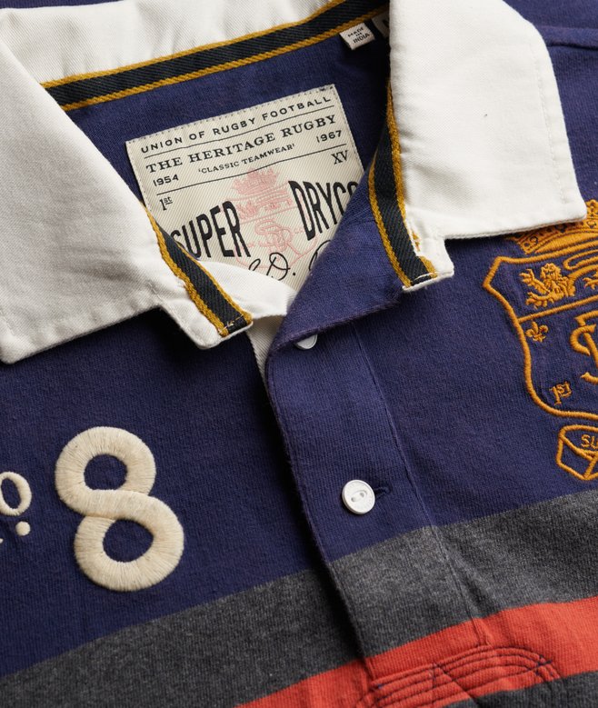 Double Emblem Jersey Short Sleeve Rugby Polo Top - Navy/Orange Chest Band Stripe