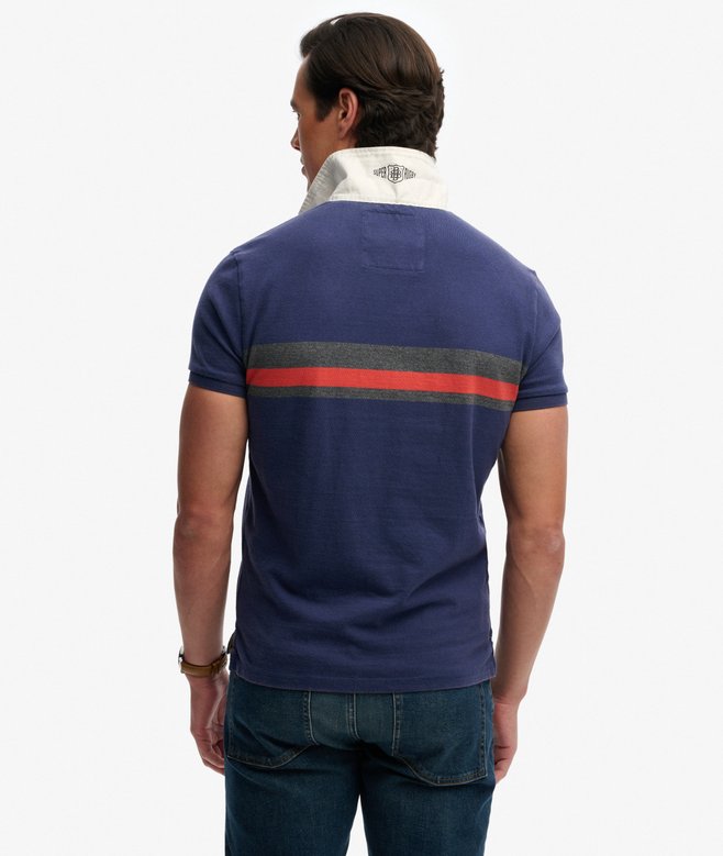 Double Emblem Jersey Short Sleeve Rugby Polo Top - Navy/Orange Chest Band Stripe