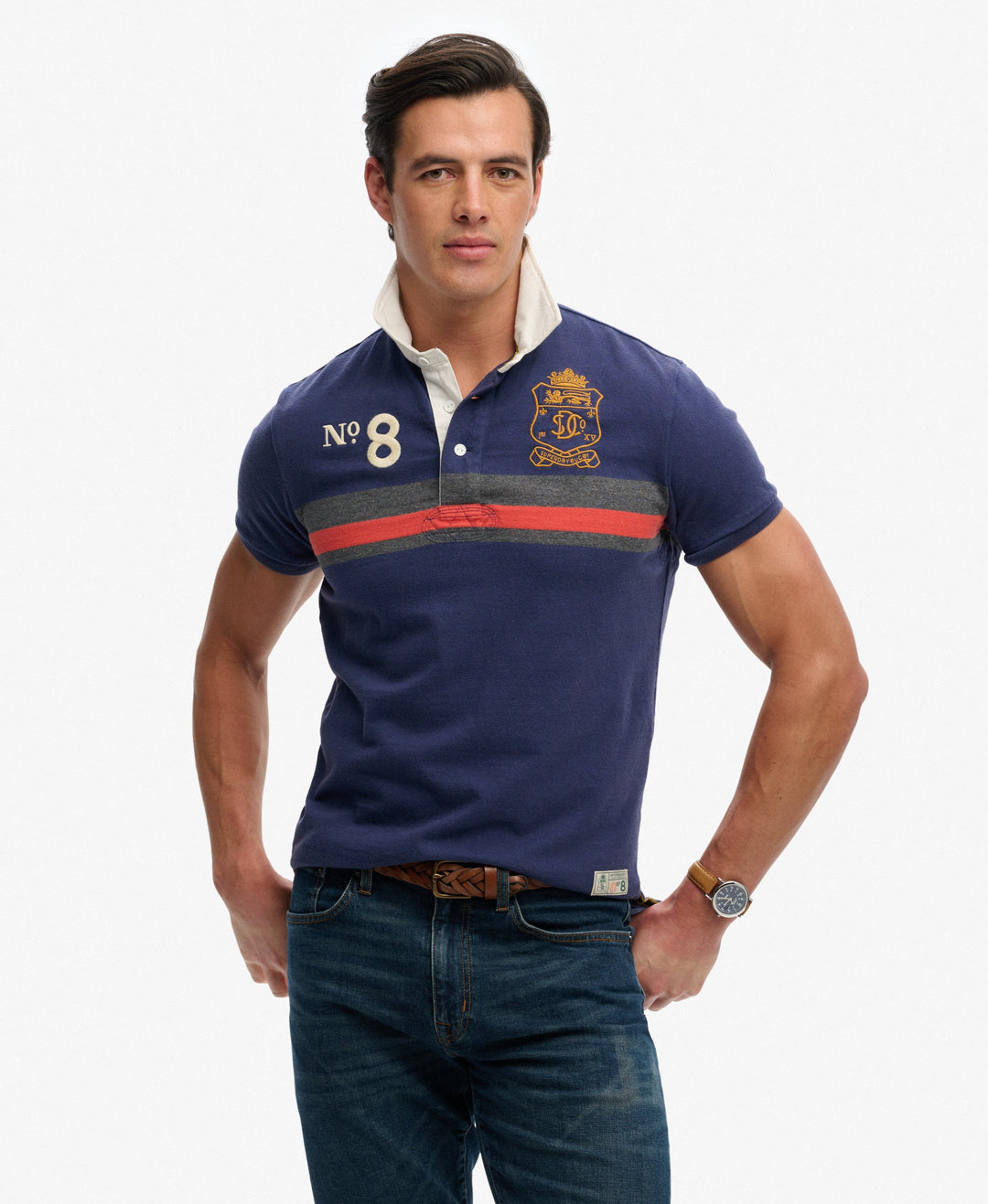 Double Emblem Jersey Short Sleeve Rugby Polo Top - Navy/Orange Chest Band Stripe