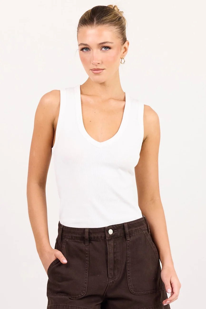 Vale White V Neck Rib Tank - Chillis & More NZ
