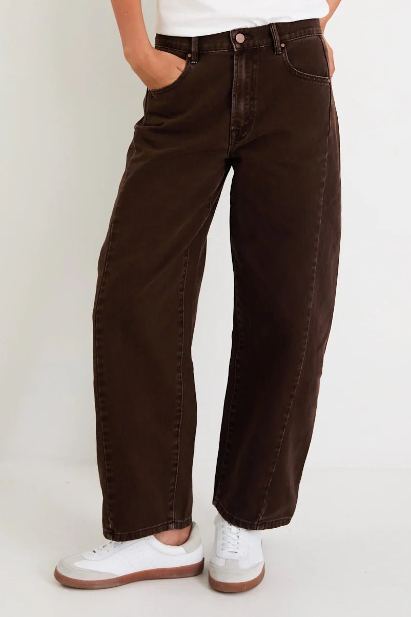 Varsity Chocolate Forward Seam Barrel Jeans - Chocolate - Chillis & More NZ