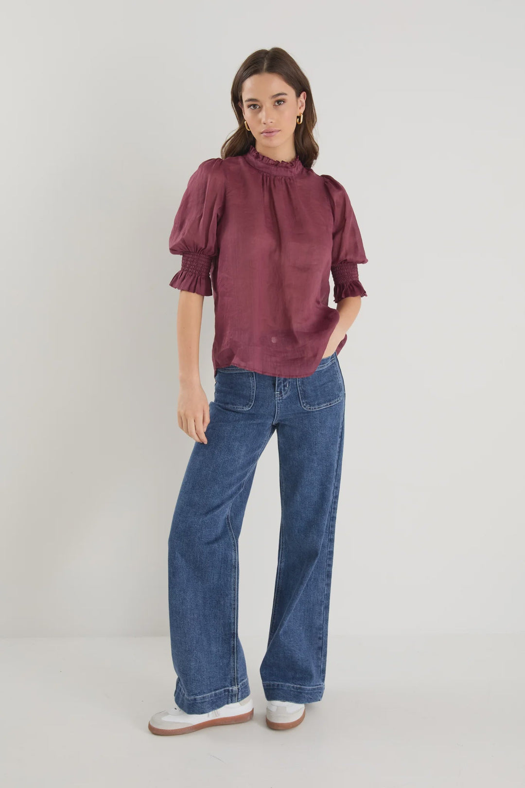 Verse High Neck Short Sleeve Top - Burgundy Plum Sheer - Chillis & More NZ