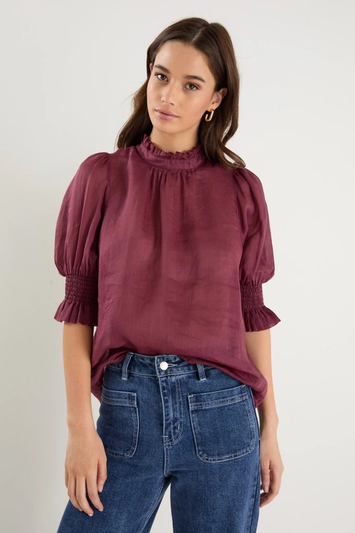 Verse High Neck Short Sleeve Top - Burgundy Plum Sheer - Chillis & More NZ