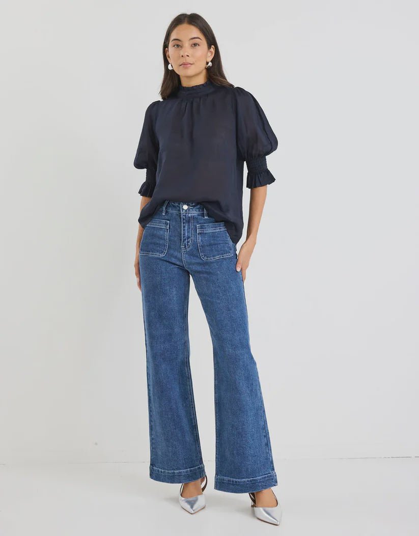 Verse Sheer High Neck SS Top - Navy - Chillis & More NZ