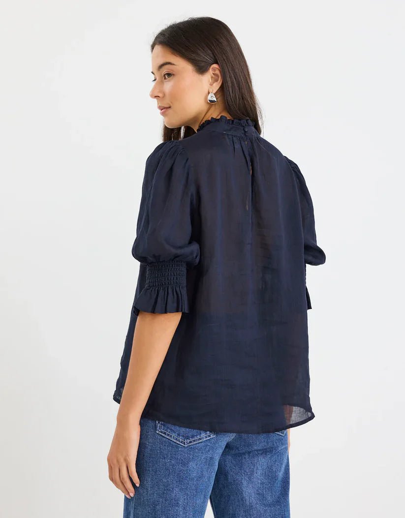 Verse Sheer High Neck SS Top - Navy - Chillis & More NZ