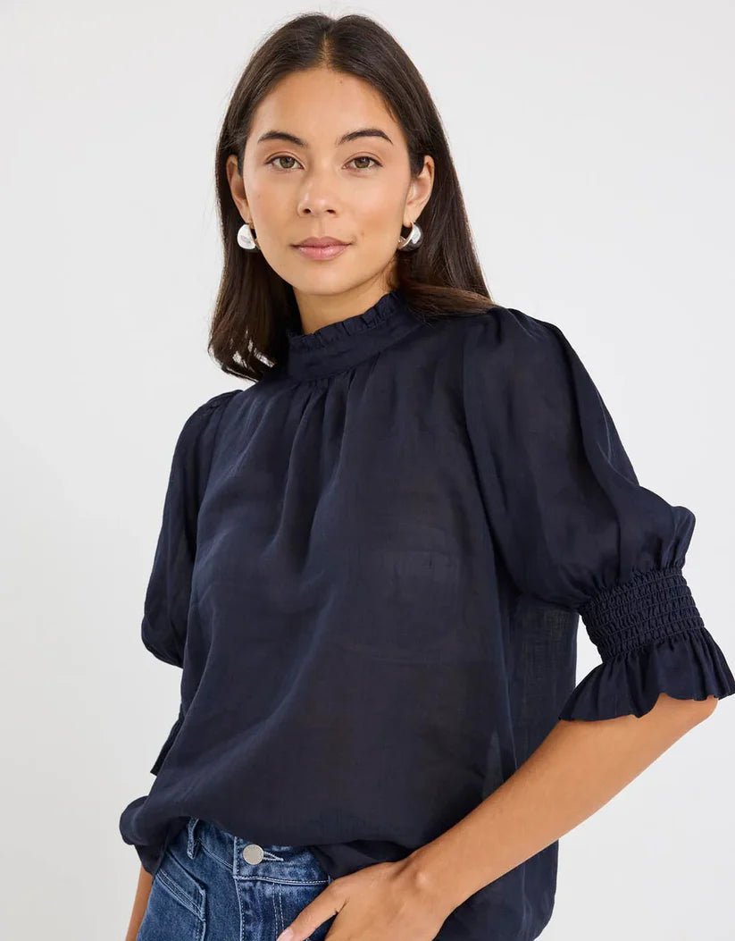 Verse Sheer High Neck SS Top - Navy - Chillis & More NZ