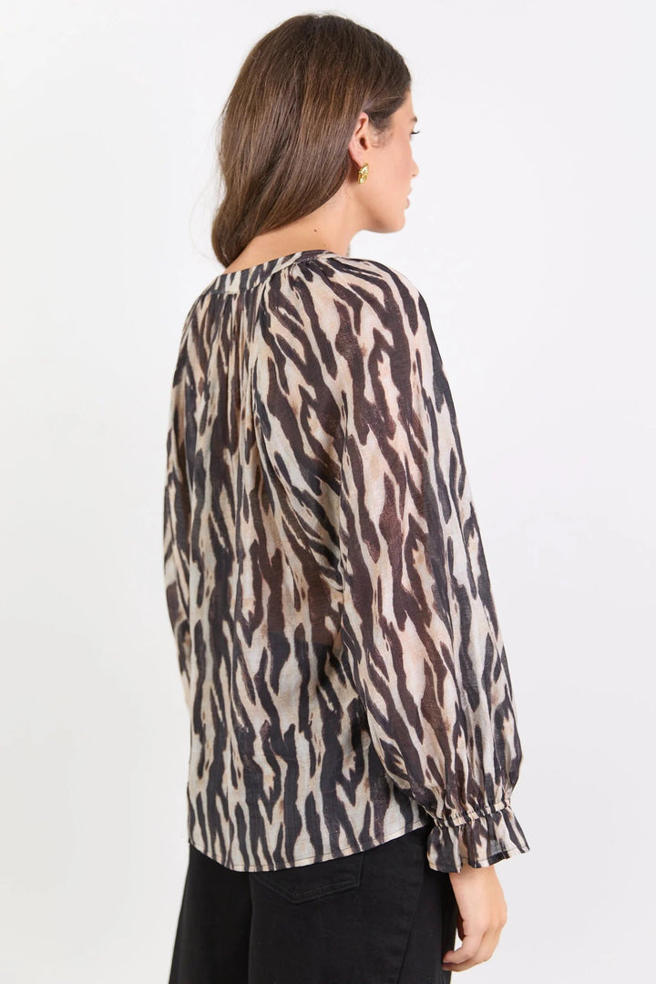 Woodland Black Zebra Tie Neck Flounce Long Sleeve Top - Chillis &amp; More NZ