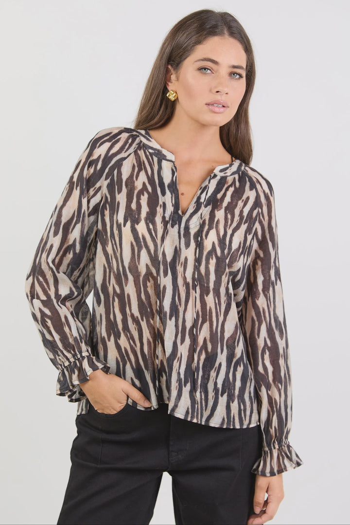 Woodland Black Zebra Tie Neck Flounce Long Sleeve Top - Chillis &amp; More NZ