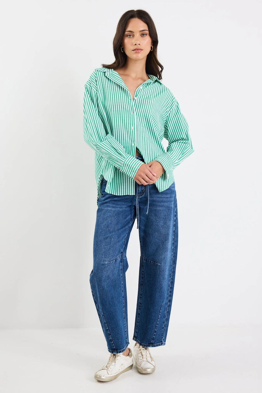 You Got This Green Stripe Poplin Oversized Shirt - Green - Chillis & More NZ