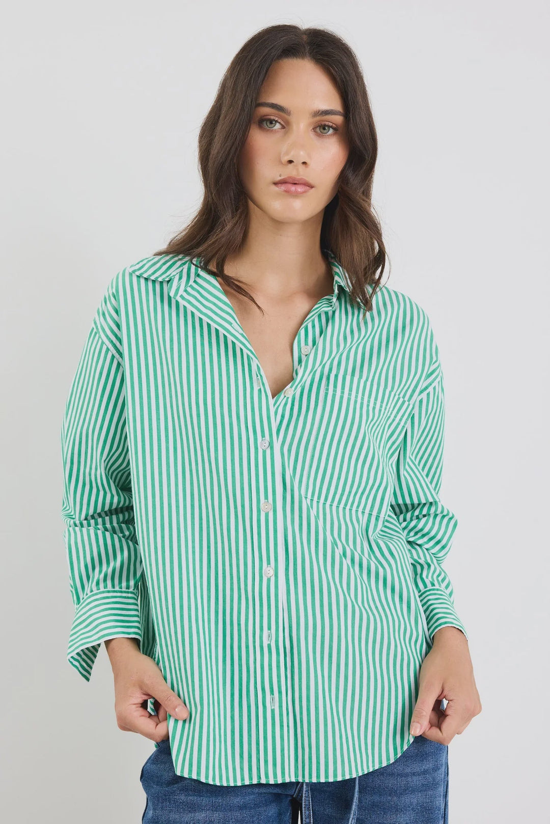 You Got This Green Stripe Poplin Oversized Shirt - Green - Chillis & More NZ