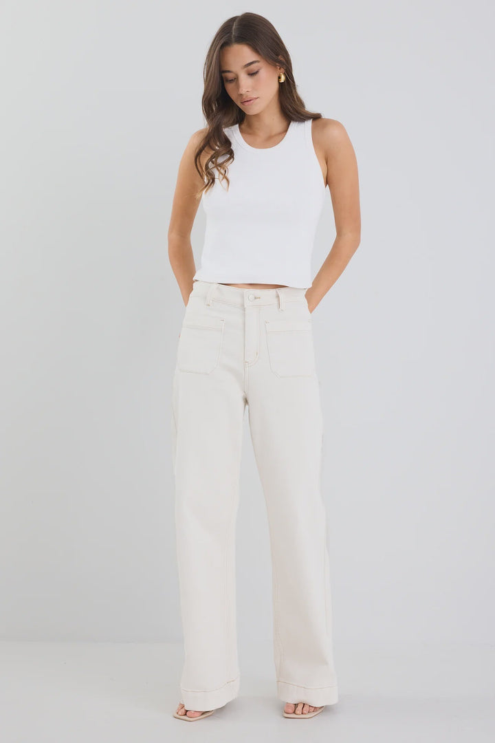 Zoey Ecru High Rise Wide Leg Pocket Jean - Chillis & More NZ