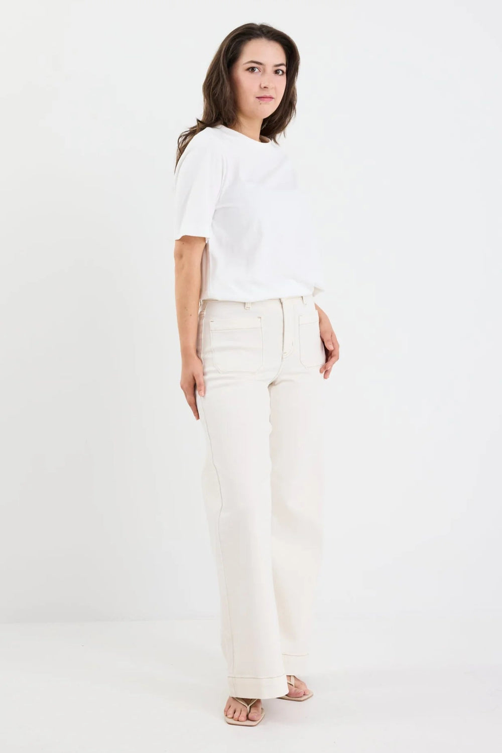 Zoey Ecru Petite High Rise Wide Leg Pocket Jean - Chillis & More NZ