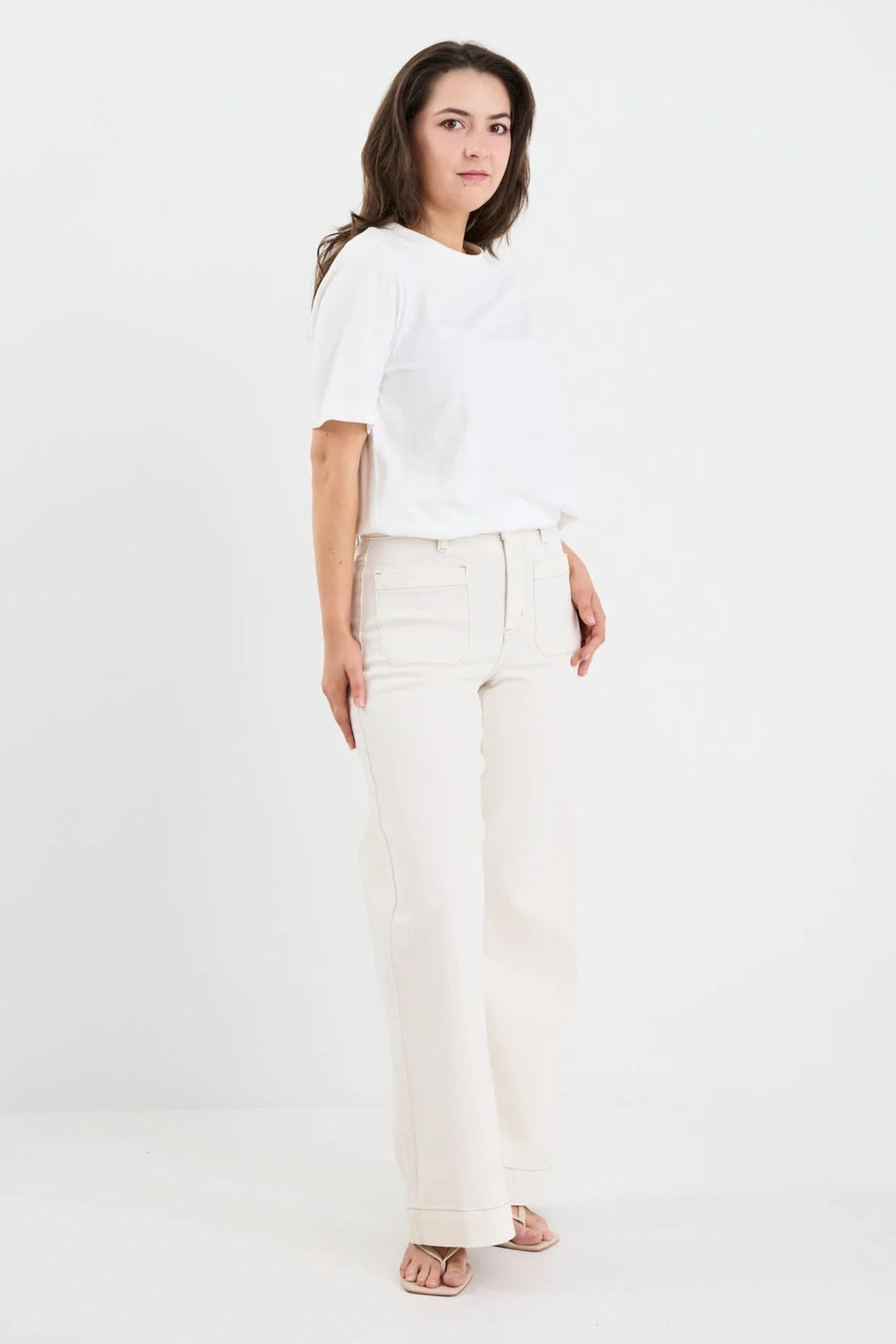 Zoey Ecru Petite High Rise Wide Leg Pocket Jean - Chillis & More NZ