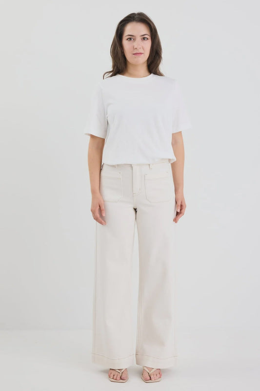 Zoey Ecru Petite High Rise Wide Leg Pocket Jean - Chillis & More NZ