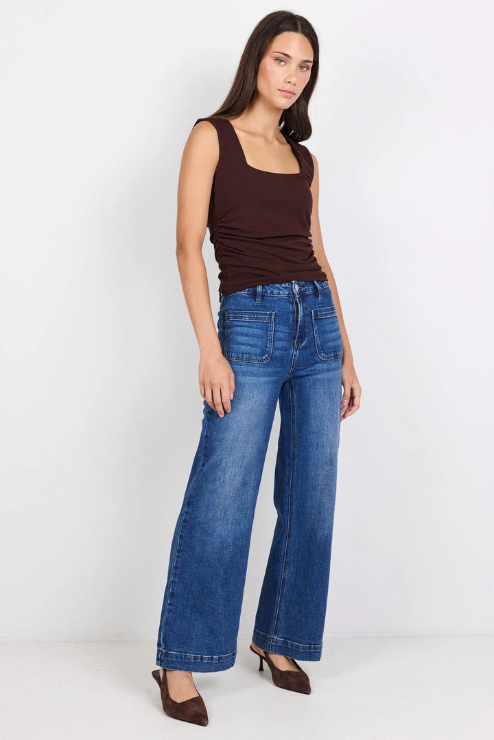 Zoey Marine Blue High Rise Wide Leg Pocket Jean - Chillis & More NZ