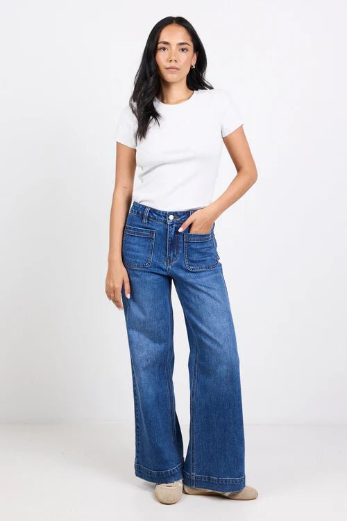 Zoey Marine Blue Petite High Rise Wide Leg Pocket Jean - Chillis & More NZ